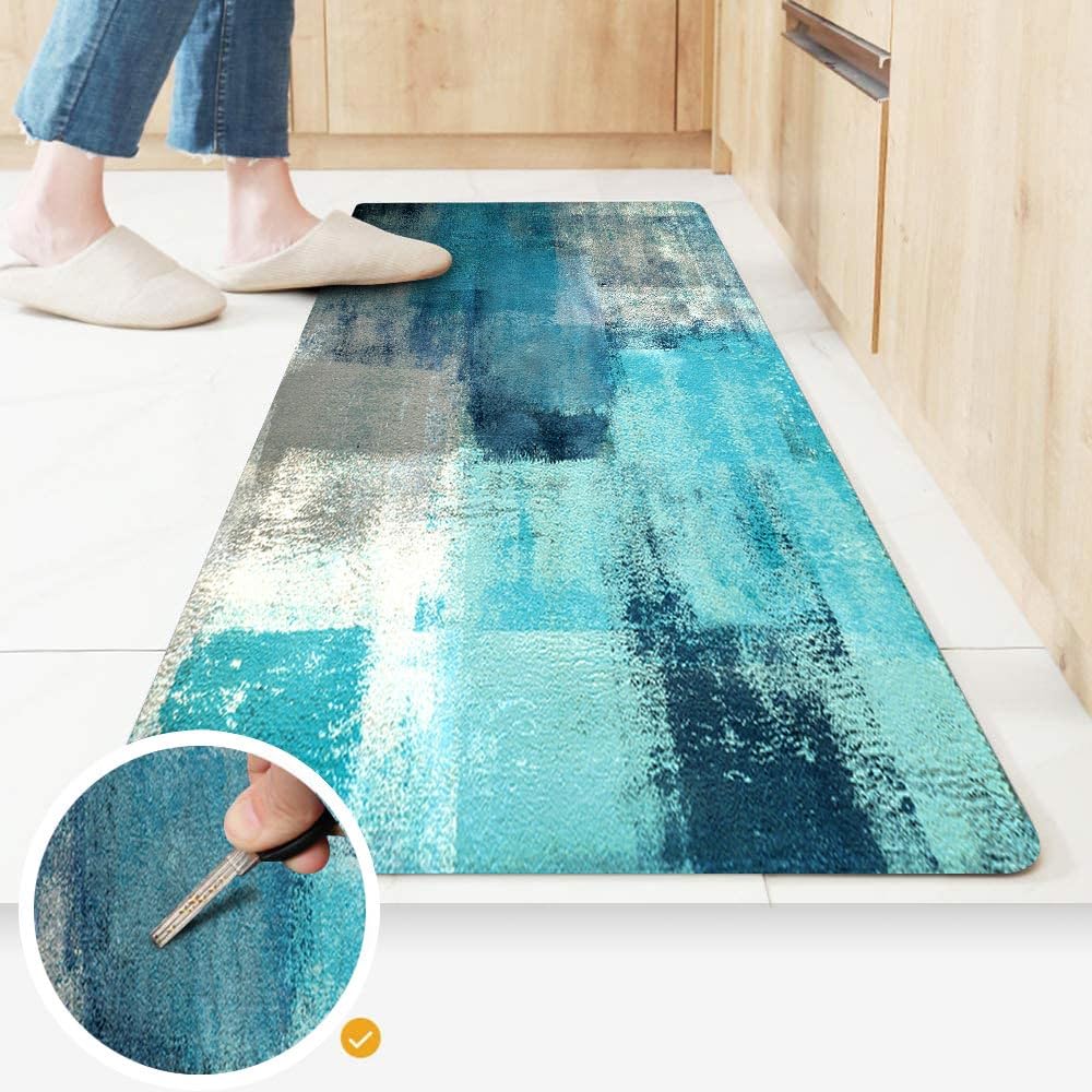 TOMWISH Turquoise Kitchen Rug 2PCS Anti-Fatigue Floor Mat Abstract Non Slip Kitchen Rugs and Mats Waterproof PVC Ergonomic Comfort Standing Mat Kitchen Rugs and Runner Sets for Kitchen Sink Laundry